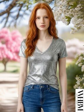 White House Black Market Silver V-Neck Short Sleeve Tee